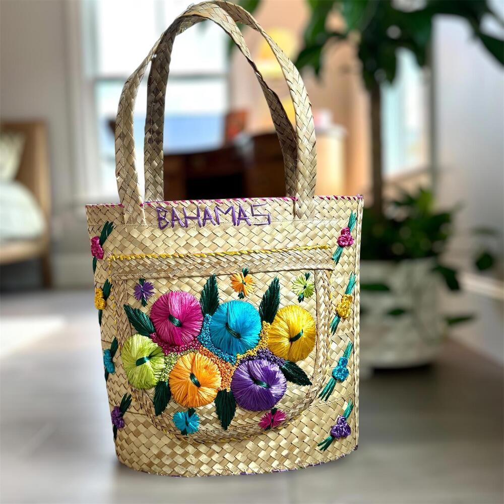 Vintage Bahamas Straw Tote Bag | Colorful Floral Embroidery